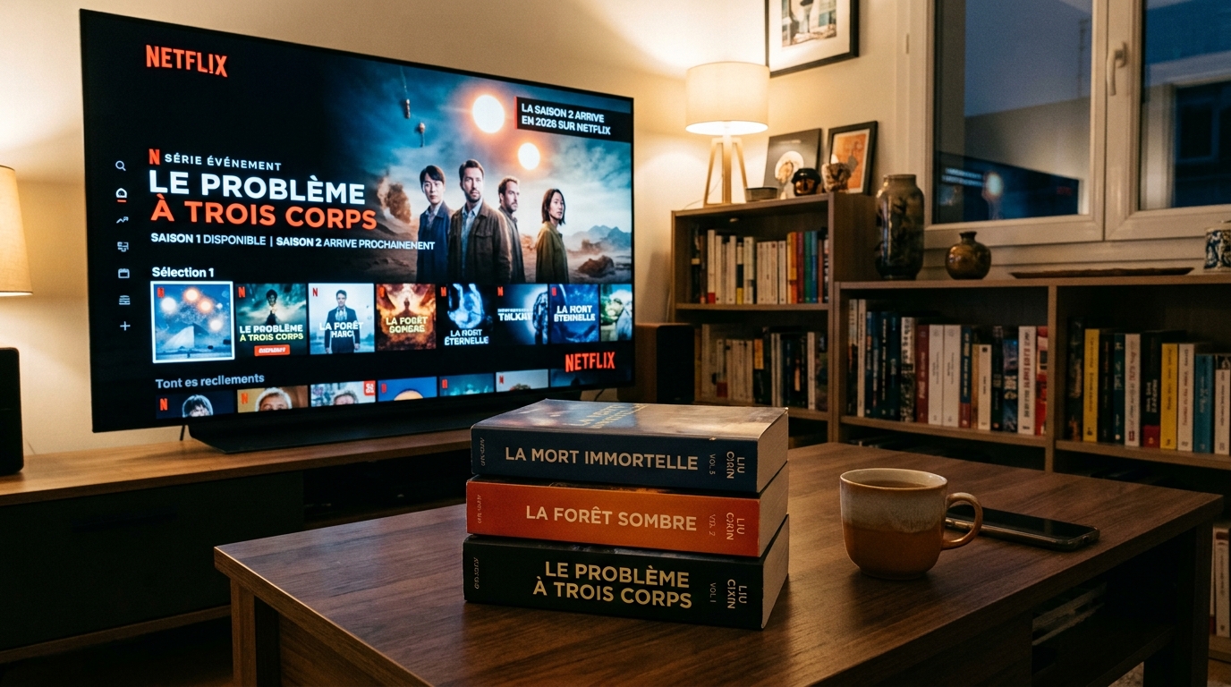 Les romans du Problème à trois corps de Liu Cixin à côté d'un écran affichant la série Netflix