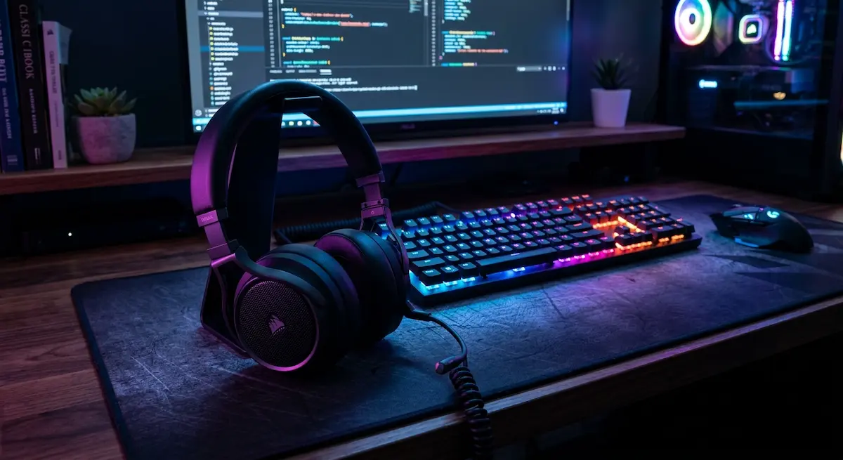 Casque audio posé sur un bureau d'ordinateur éclairé par un clavier mécanique néon