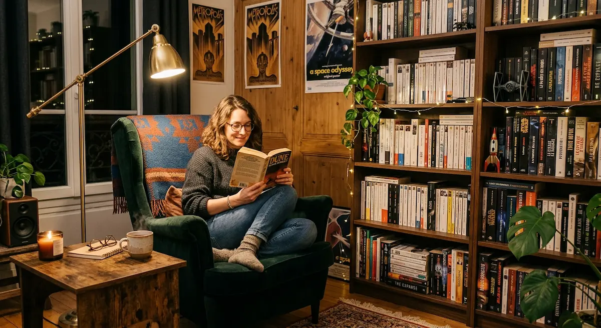 Coin lecture chaleureux avec un fauteuil confortable, une lampe chaude et une étagère remplie de livres SF