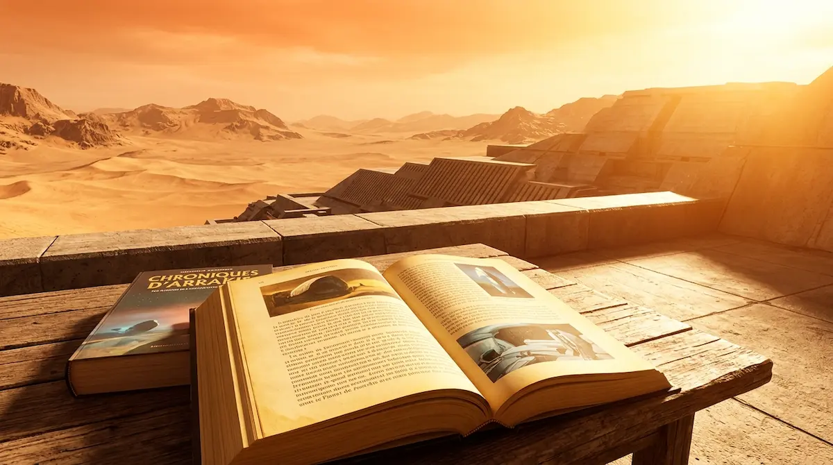 Livre de science-fiction ouvert posé sur une table baignée d'une lumière stellaire