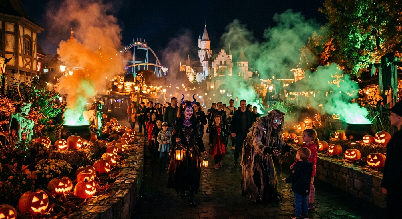 Parc d’attractions européen décoré pour Halloween avec citrouilles et lumières