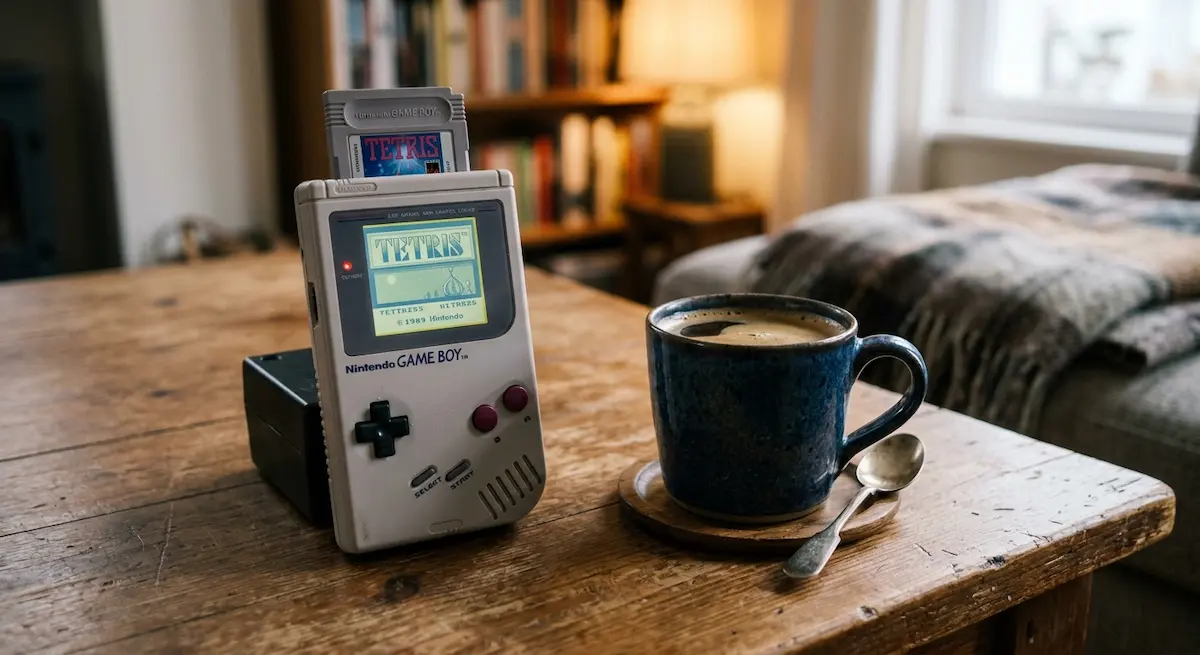 Console Nintendo Game Boy originale posée sur une table à côté d'une tasse de café