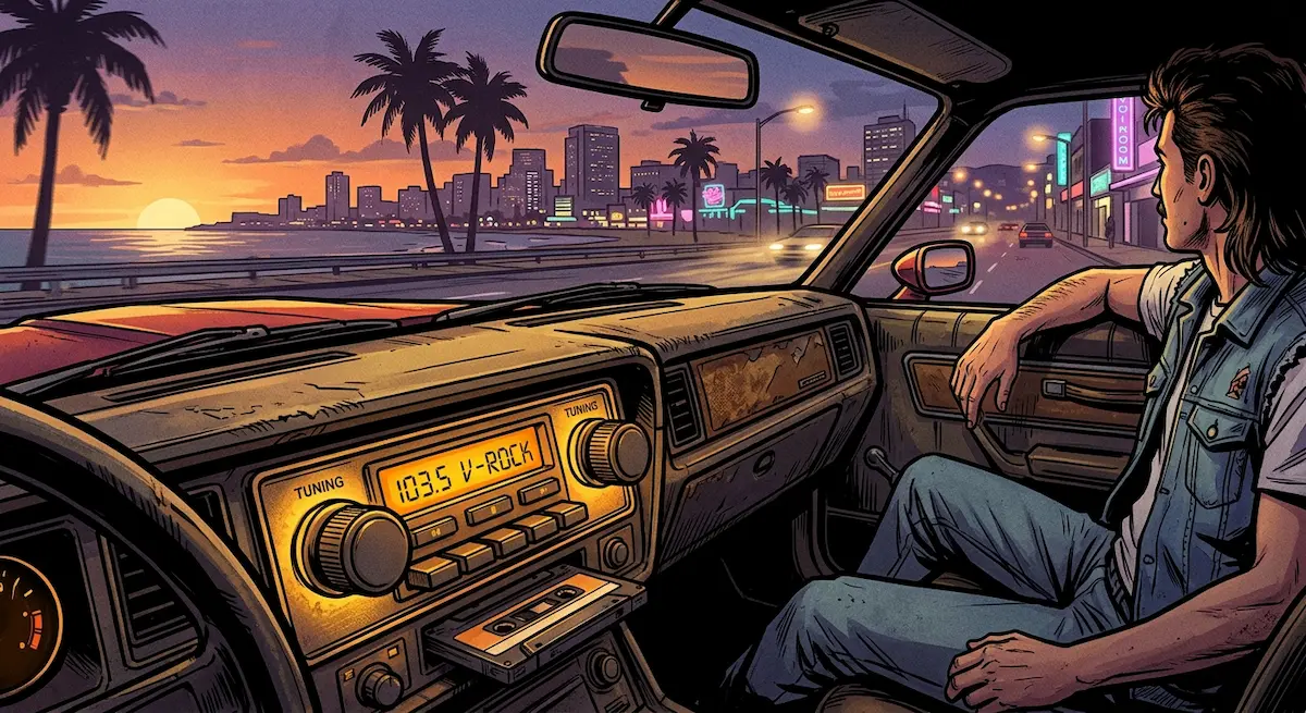 Autoradio rétro dans une voiture évoquant l'ambiance musicale de Grand Theft Auto