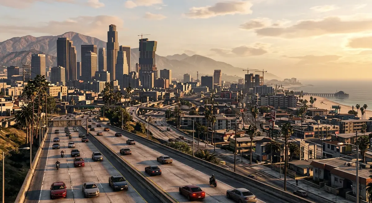 Vue urbaine inspirée des villes de la série Grand Theft Auto