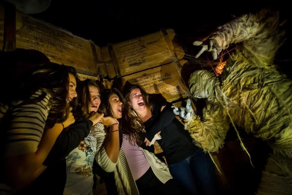 Parc d’attractions décoré pour Halloween avec citrouilles et illuminations
