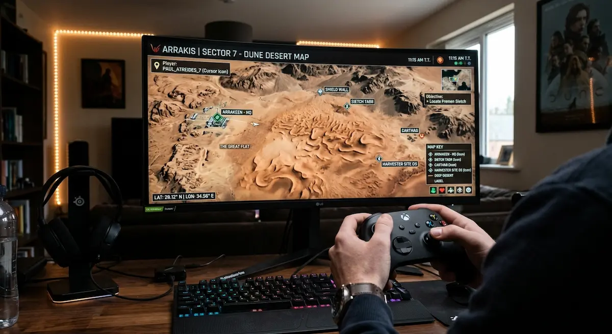 Écran de jeu vidéo affichant une carte désertique inspirée d'Arrakis avec une manette de jeu en premier plan