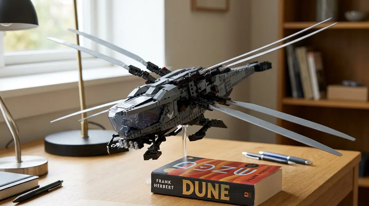 Set LEGO Ornithoptere Dune construit et exposé sur un bureau avec un livre Dune en fond