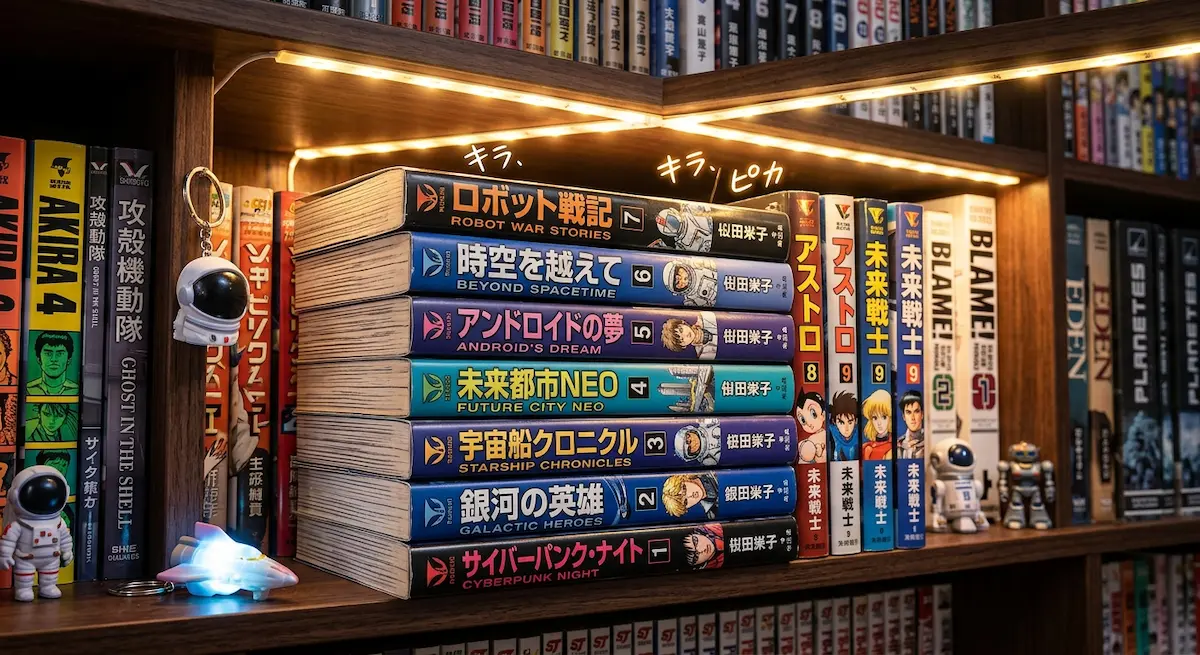 Tomes de mangas de science-fiction empilés soigneusement dans une bibliothèque éclairée par une LED