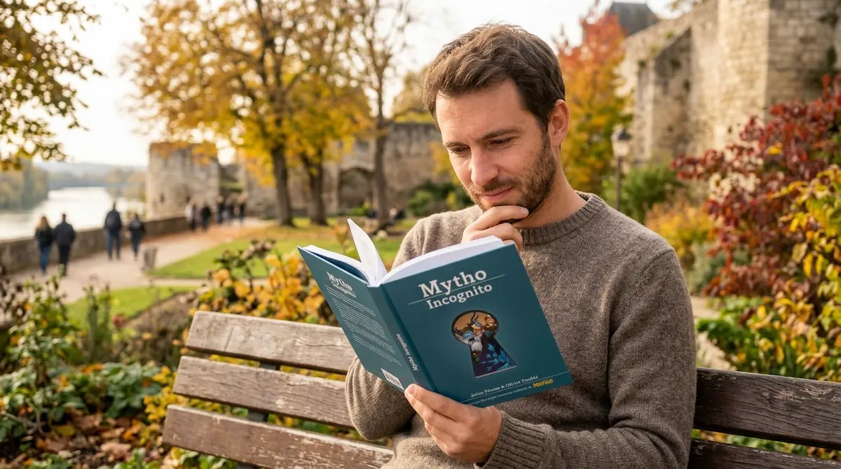 Un home lisant le livre Mytho Incognito sur un banc