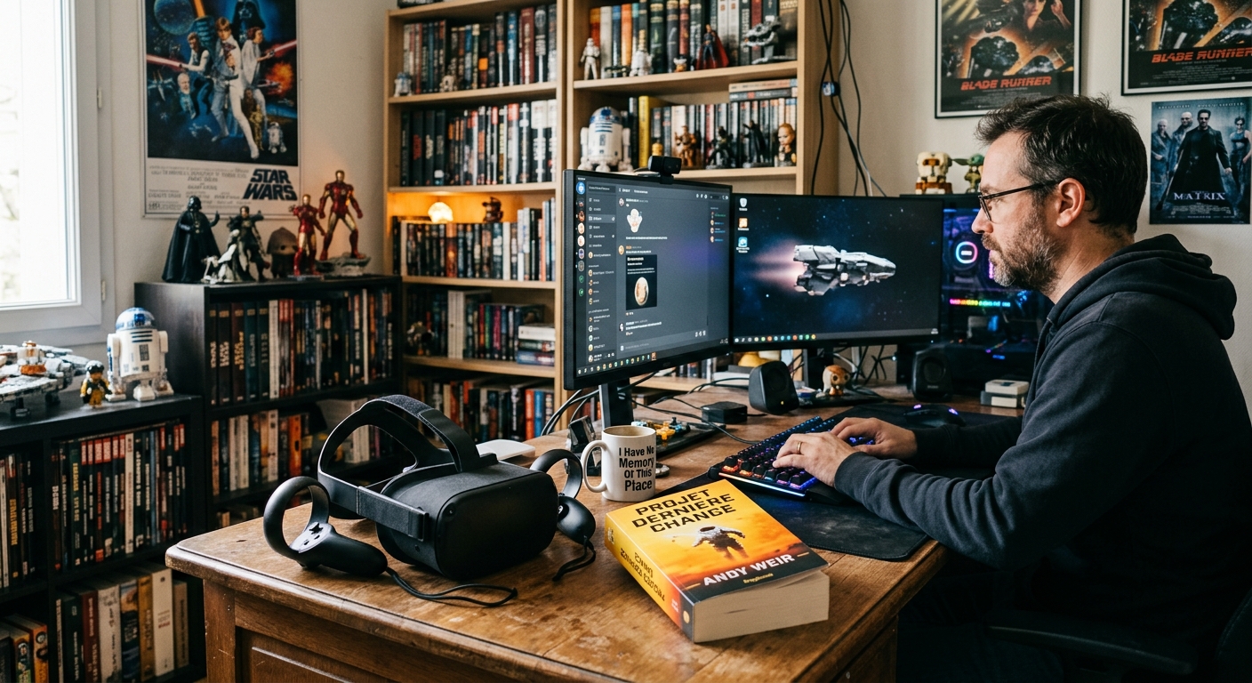 Livre Projet Dernière Chance posé sur un bureau geek avec un casque de réalité virtuelle à côté