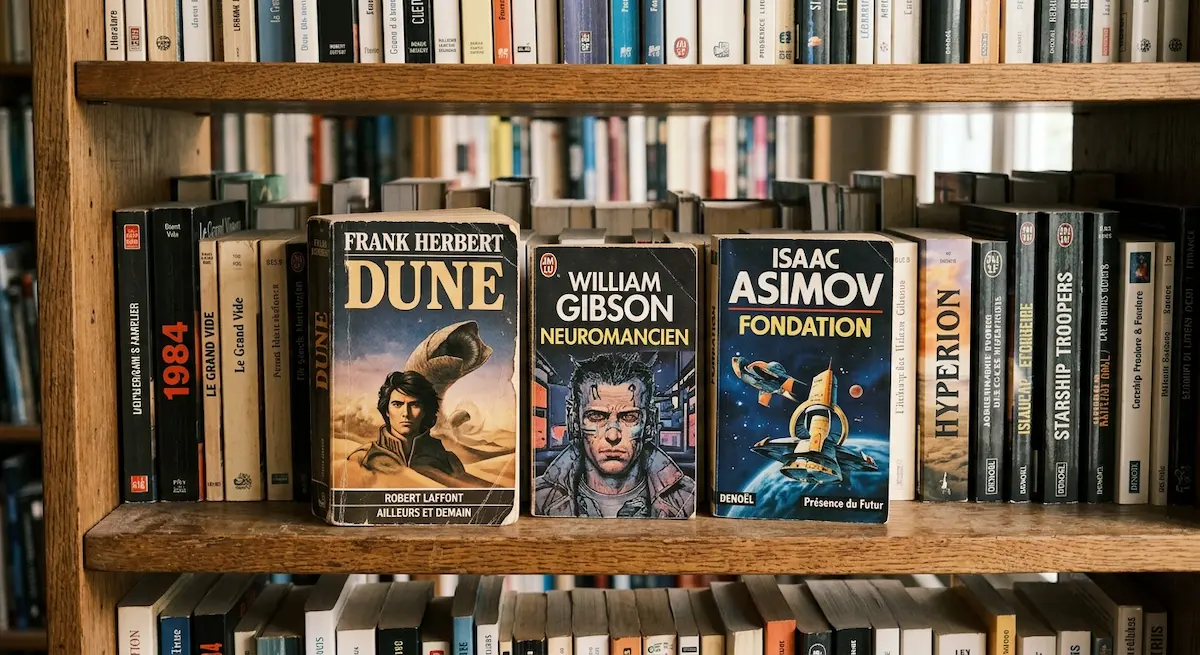 Collection de trois romans de science-fiction sur une étagère en bois