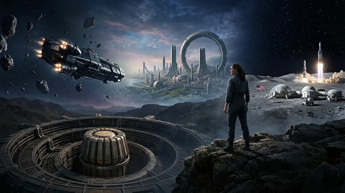 Illustration représentant plusieurs univers de séries de science-fiction après Le Problème à trois corps